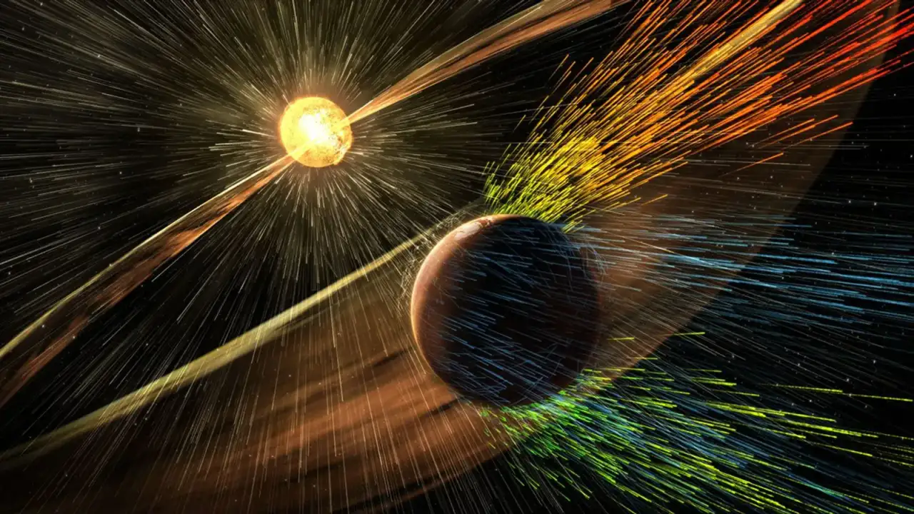 Ilustración de partículas solares impactando la atmósfera de Marte, generando auroras