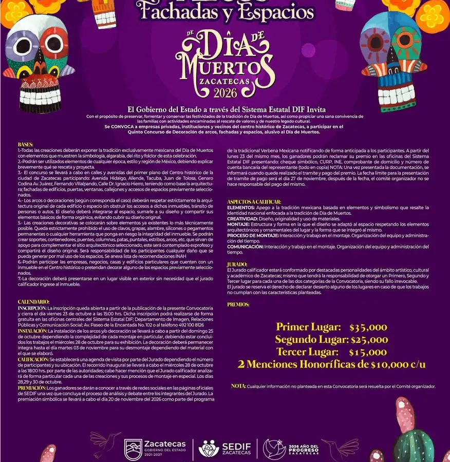 Calles del Centro Histórico de Zacatecas decoradas con motivos de Día de Muertos