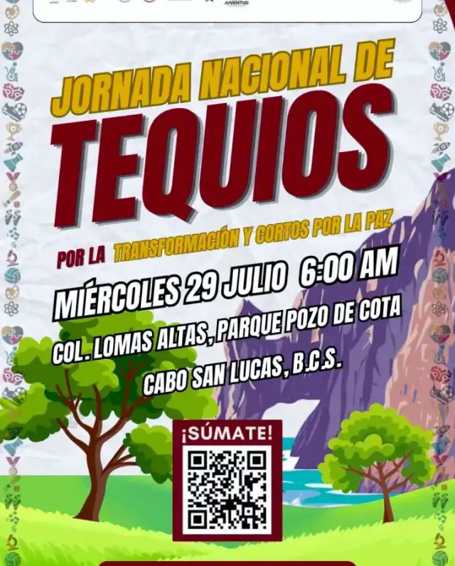 Personas realizando labores de limpieza y mejora en un parque público de Cabo San Lucas