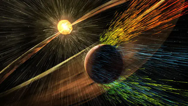 Ilustración de la sonda MAVEN orbitando Marte con auroras en la atmósfera