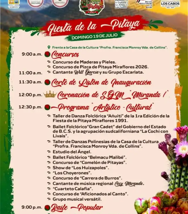 Cartel promocional de la Fiesta de la Pitaya 2026 con fondo desértico y pitayas