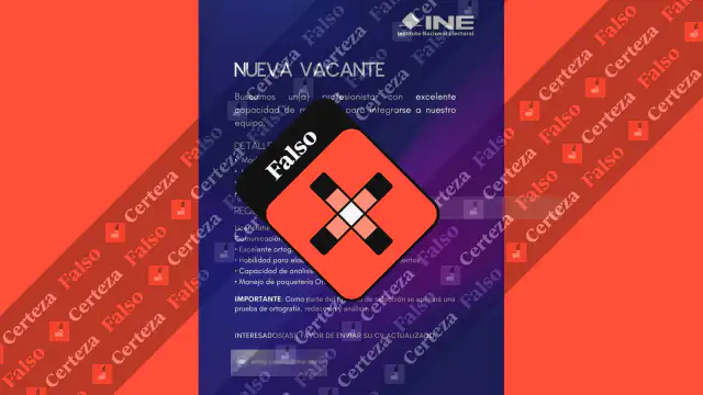Logotipo del INE sobre fondo gris con texto de alerta por vacantes falsas