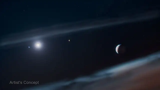 Ilustración del sistema Beta Pictoris con tres planetas y disco de escombros